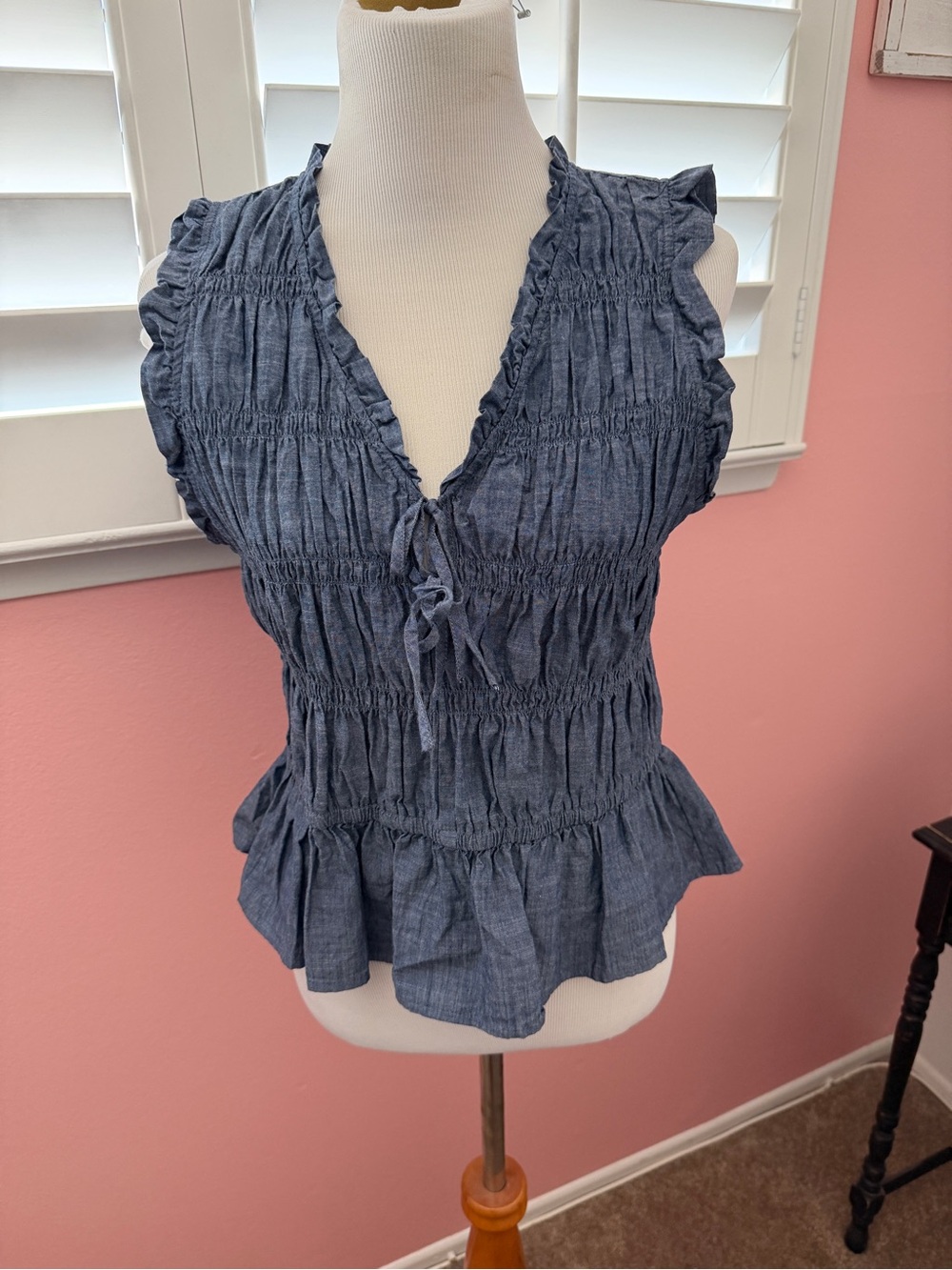 Ruffled Smocked Chambray V-Neck Top - Blue